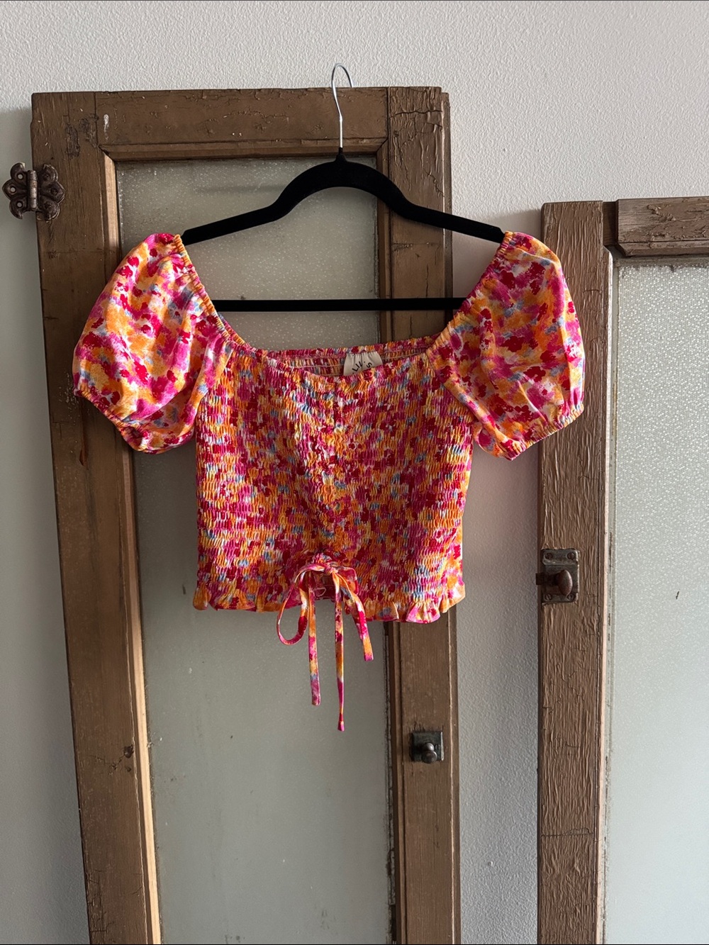 Floral Smocked Puff-Sleeve Crop Top in Pink and Yellow